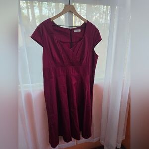 Wine Cap-Sleeve Midi Dress